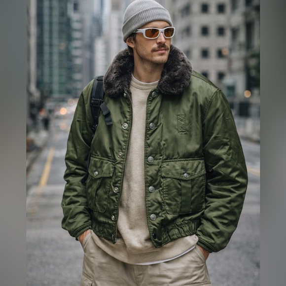 Vintage Other - Vintage 1960s Tuffy Jac Olive Bomber Jacket Faux Fur Collar Talon Zipper Men L